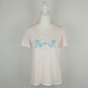 Life Is Good Women's Medium Pink Blue V-Neck Adirondack Graphic Short Sleeve Tee